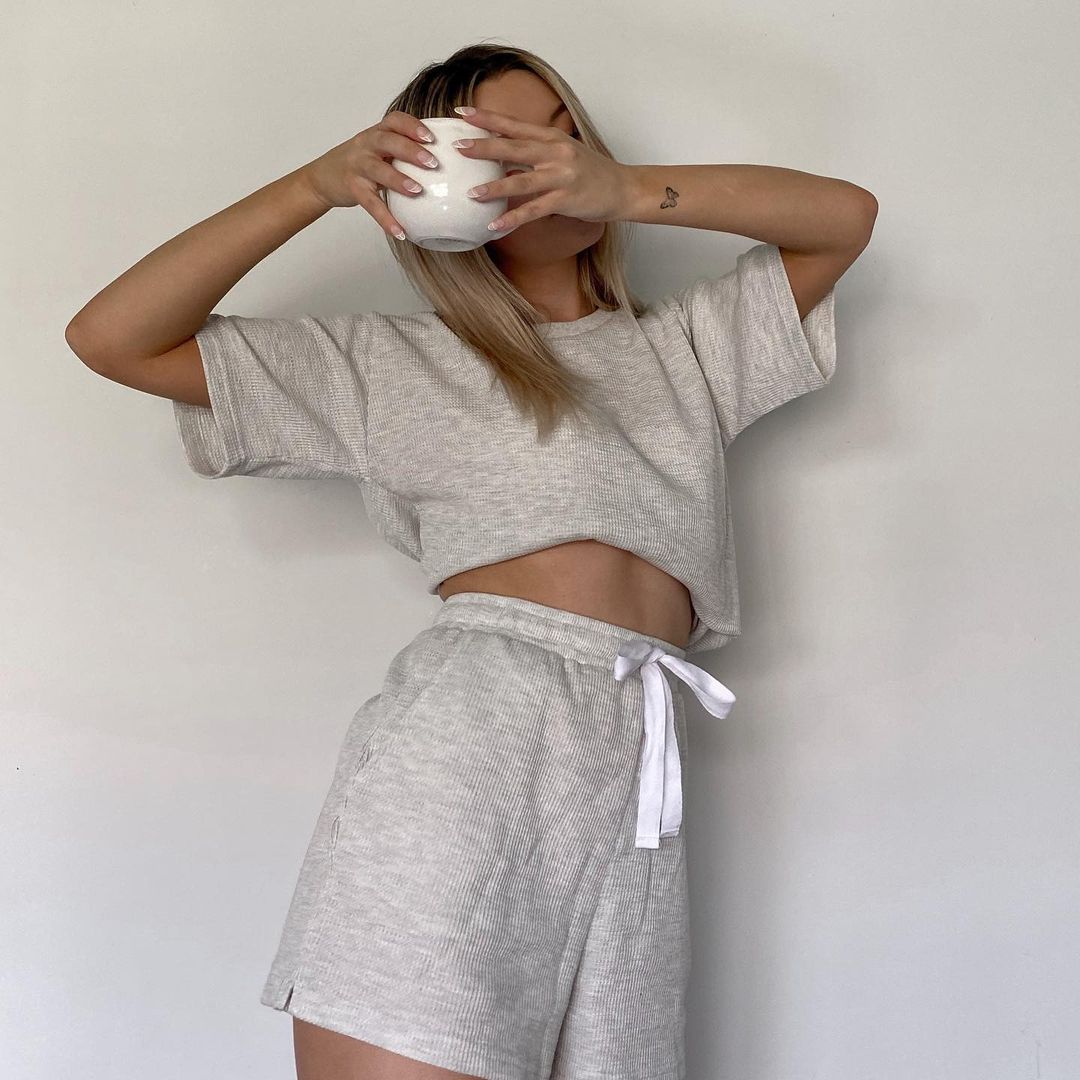 comfy at home loungewear, waffle short, tee, coord set