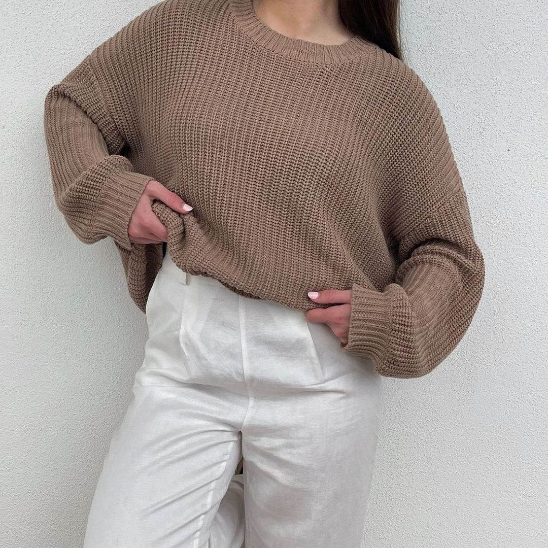 brown knit jumper, outerwear, knitwear, oversized fit