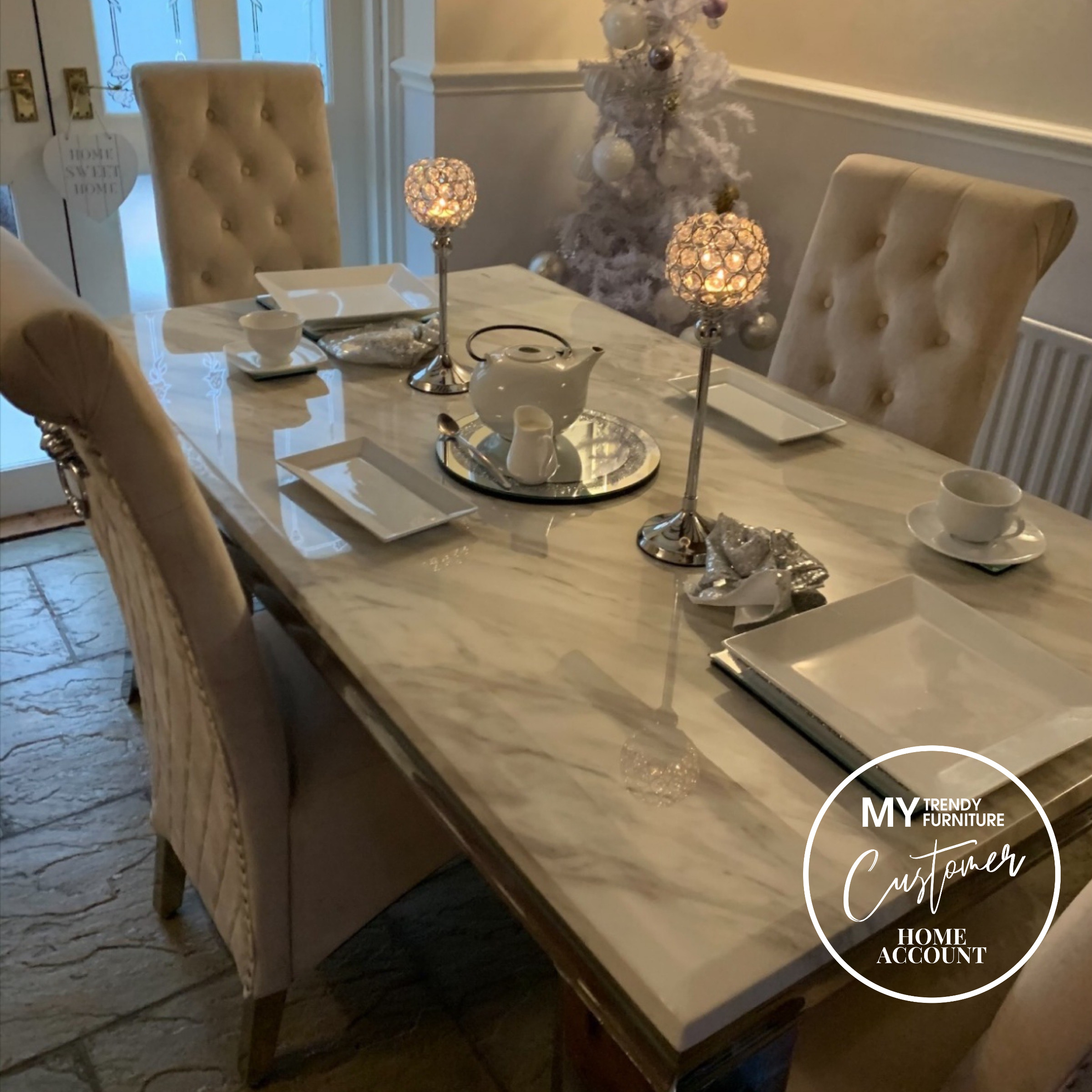 Riviera White Marble Dining Table with Cream Sophia Chairs